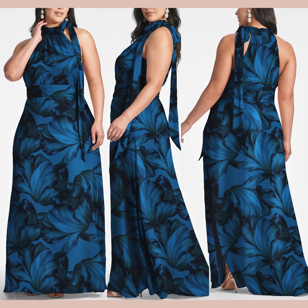 NWD $325 Sachin Babi [ 16W ] Kayla Halter Maxi Chiffon Gown in Tonal Petal U1661